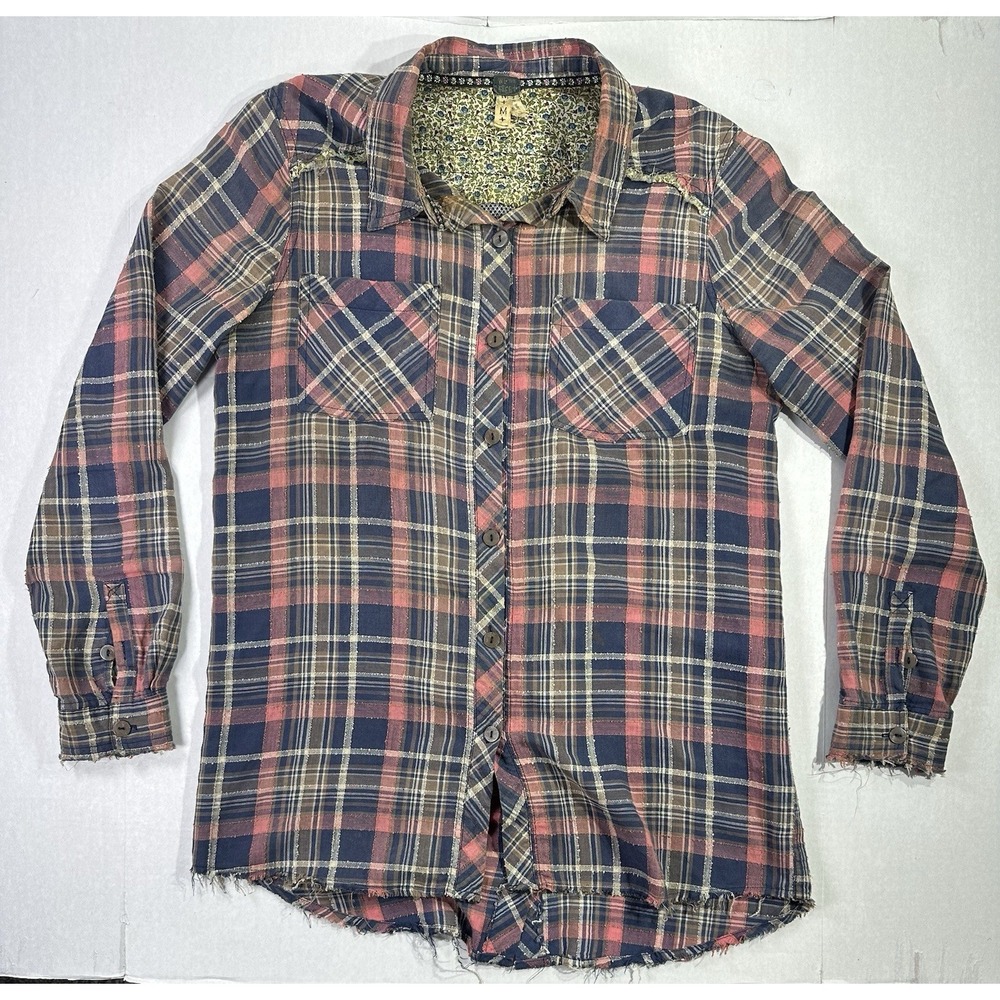 Free People We The Free Plaid Button Down Shirt Fringe Hem Patchwork Back M